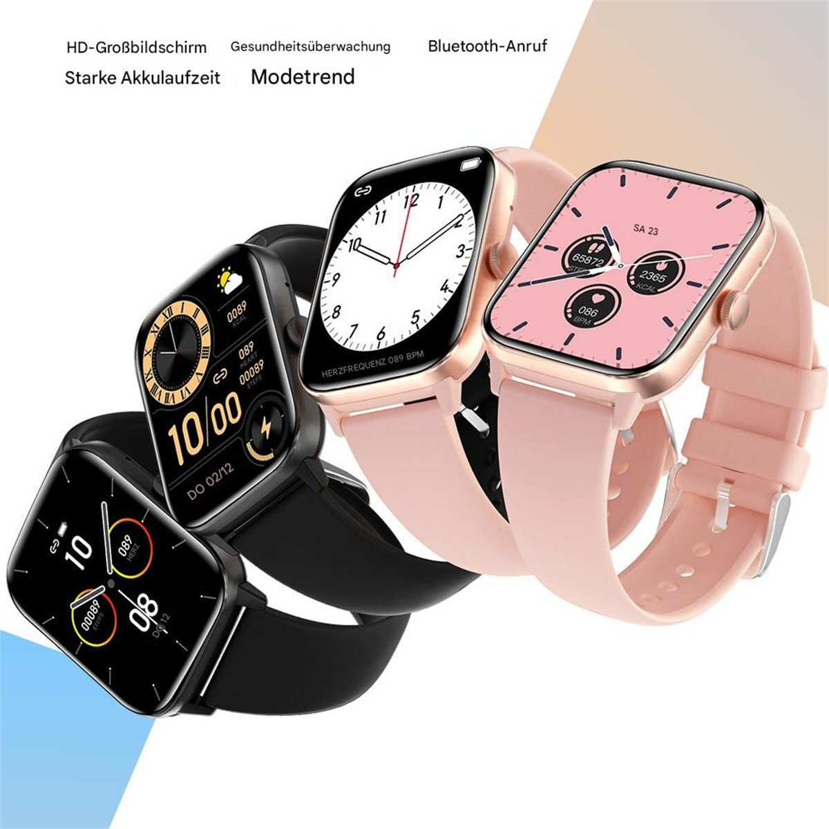 Vier Smartwatches mit verschiedenen Zifferblättern und Farben, mit Text über Funktionen und Trends.