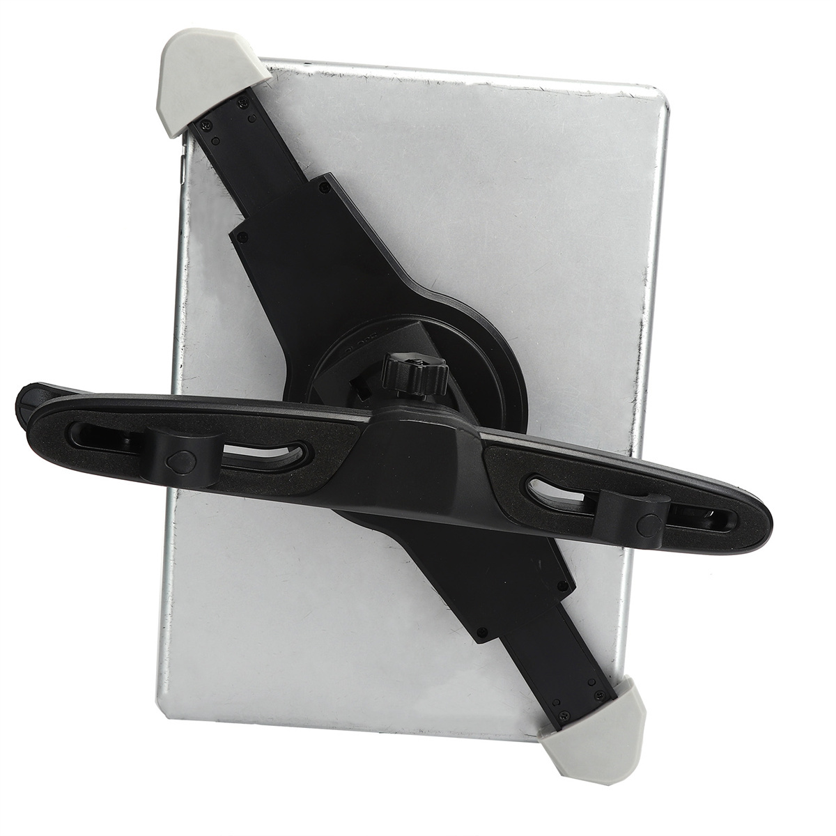 Ein Tablet mit schwarzem Halter. Der Halter befindet sich auf einer weißen Oberfläche.