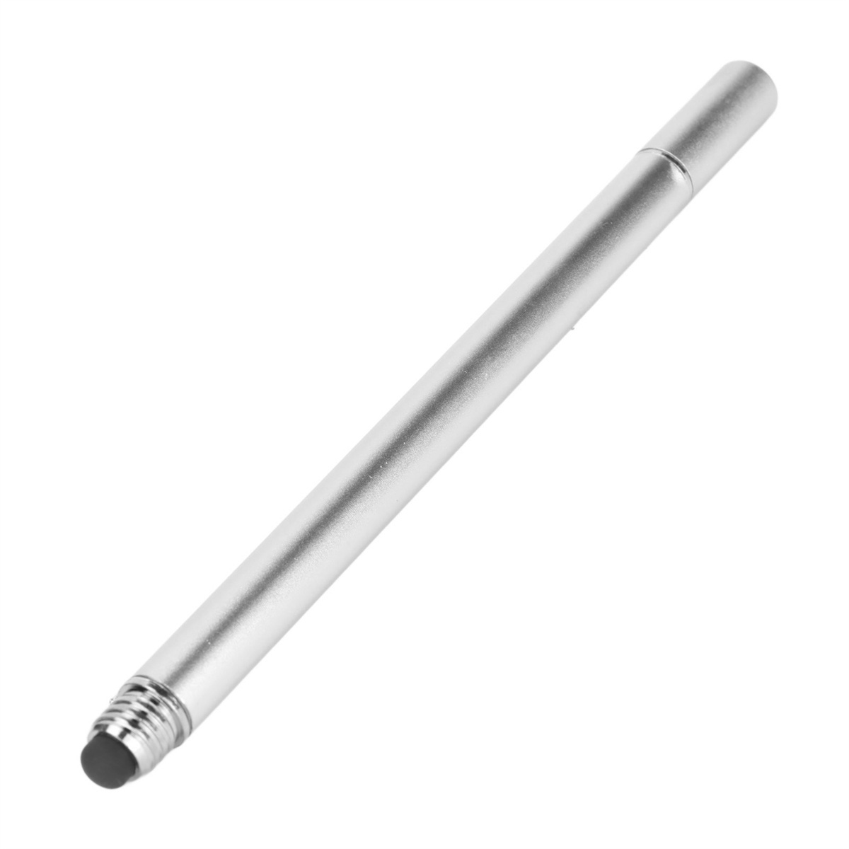 Ein silberner Eingabestift mit schwarzer Spitze, diagonal auf weißem Hintergrund liegend.