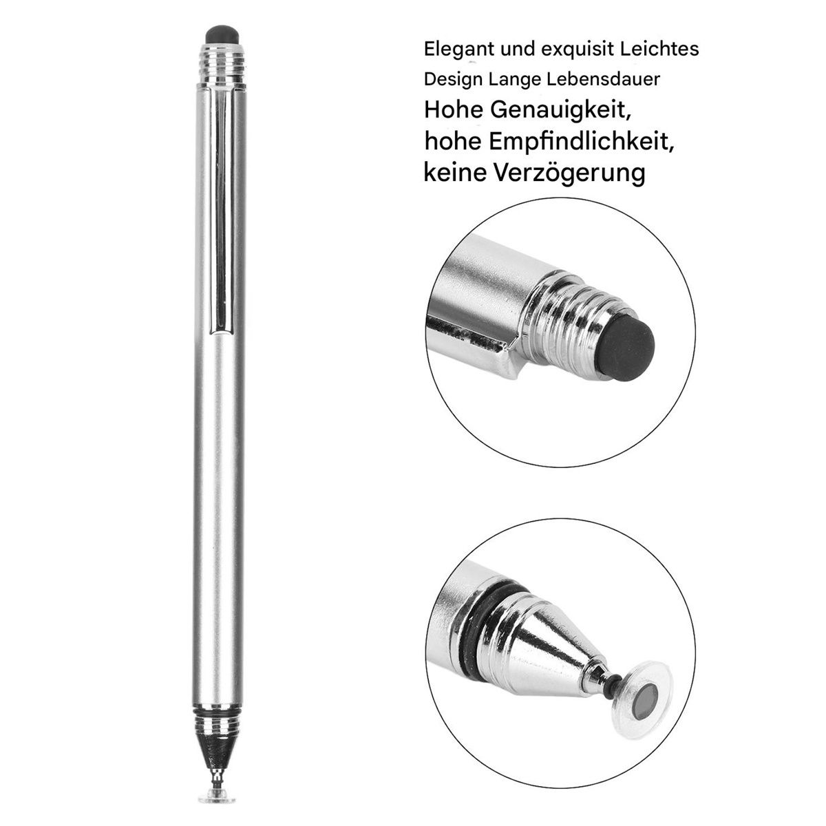 Silberner Stift mit schwarzer Spitze und Nahaufnahme der Stiftspitze und einer gummiartigen Spitze für Touchscreens.