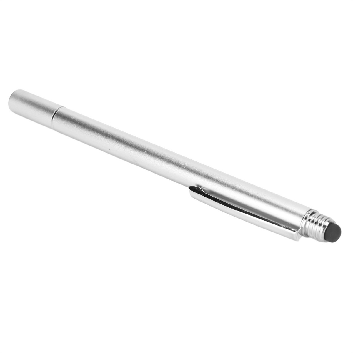 Silberner Stift, ein Stylus mit schwarzer Spitze. Der Stift liegt auf einer weißen Oberfläche, nach rechts geneigt.