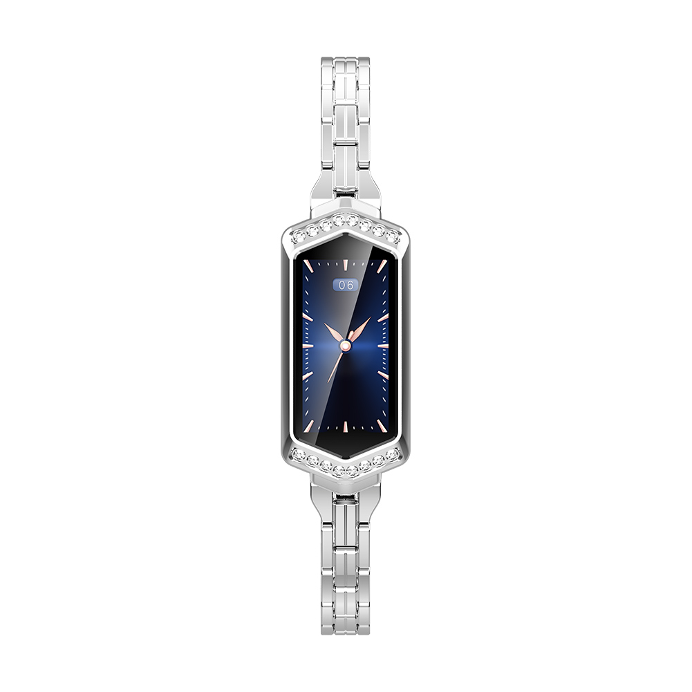 Eine silberne rechteckige Smartwatch mit schwarzem Bildschirm und silbernem Kettengliederarmband.