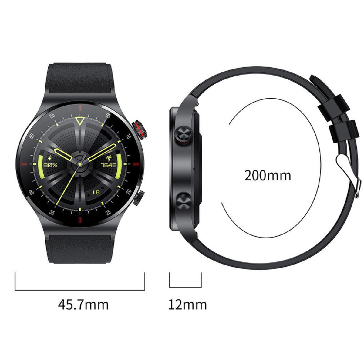 Smartwatch, Vorder- und Seitenansicht. Zeigt Abmessungen: 45,7 mm, 12 mm und 200 mm. Schwarzes Armband, schwarzes Zifferblatt.