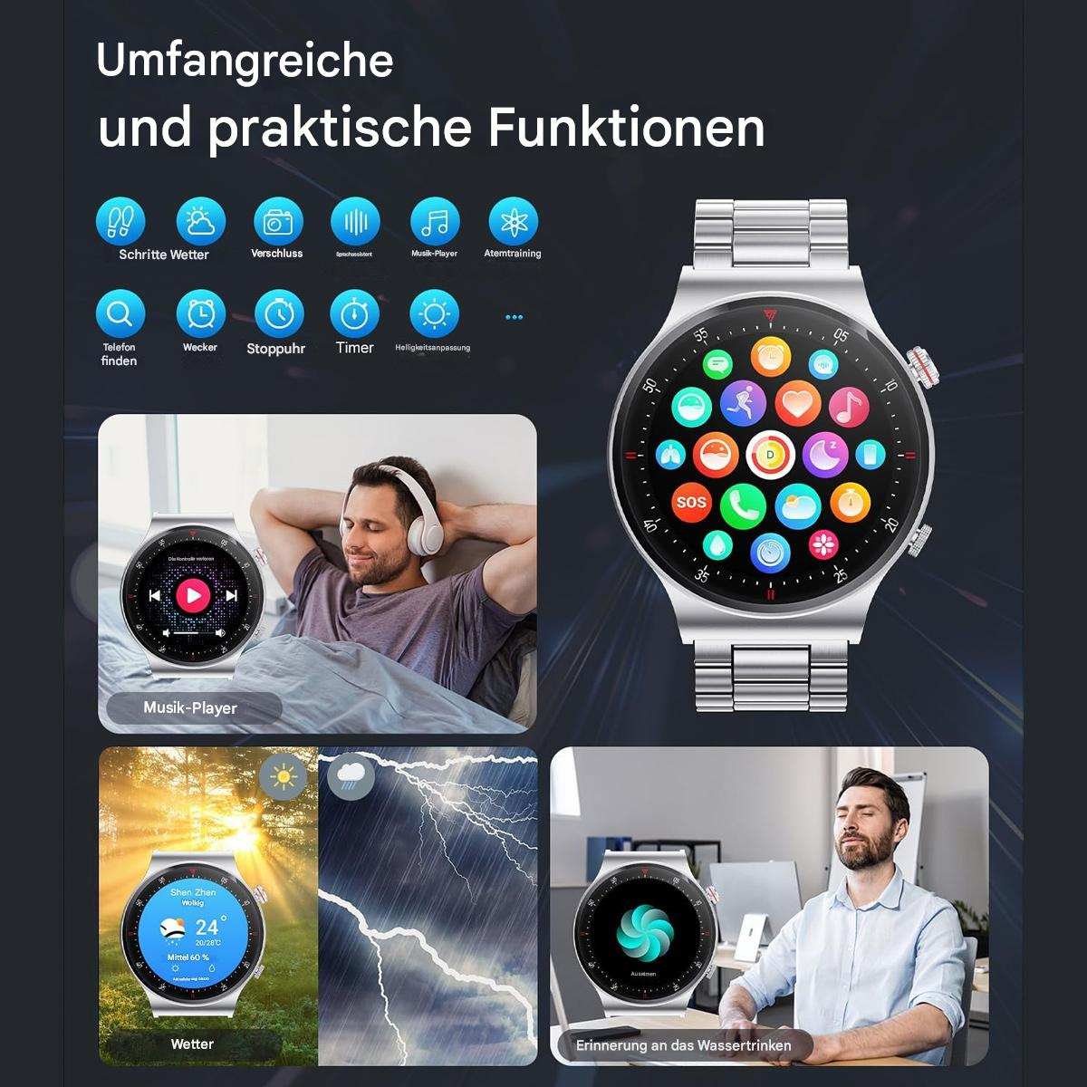 Smartwatch mit mehreren angezeigten Funktionen und zwei Personen, die es benutzen.