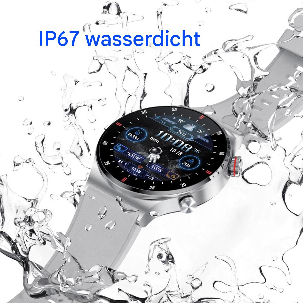 Smartwatch im Wasser, mit Wassertropfen. Zeit auf dem Bildschirm. Text: IP67 wasserdicht.