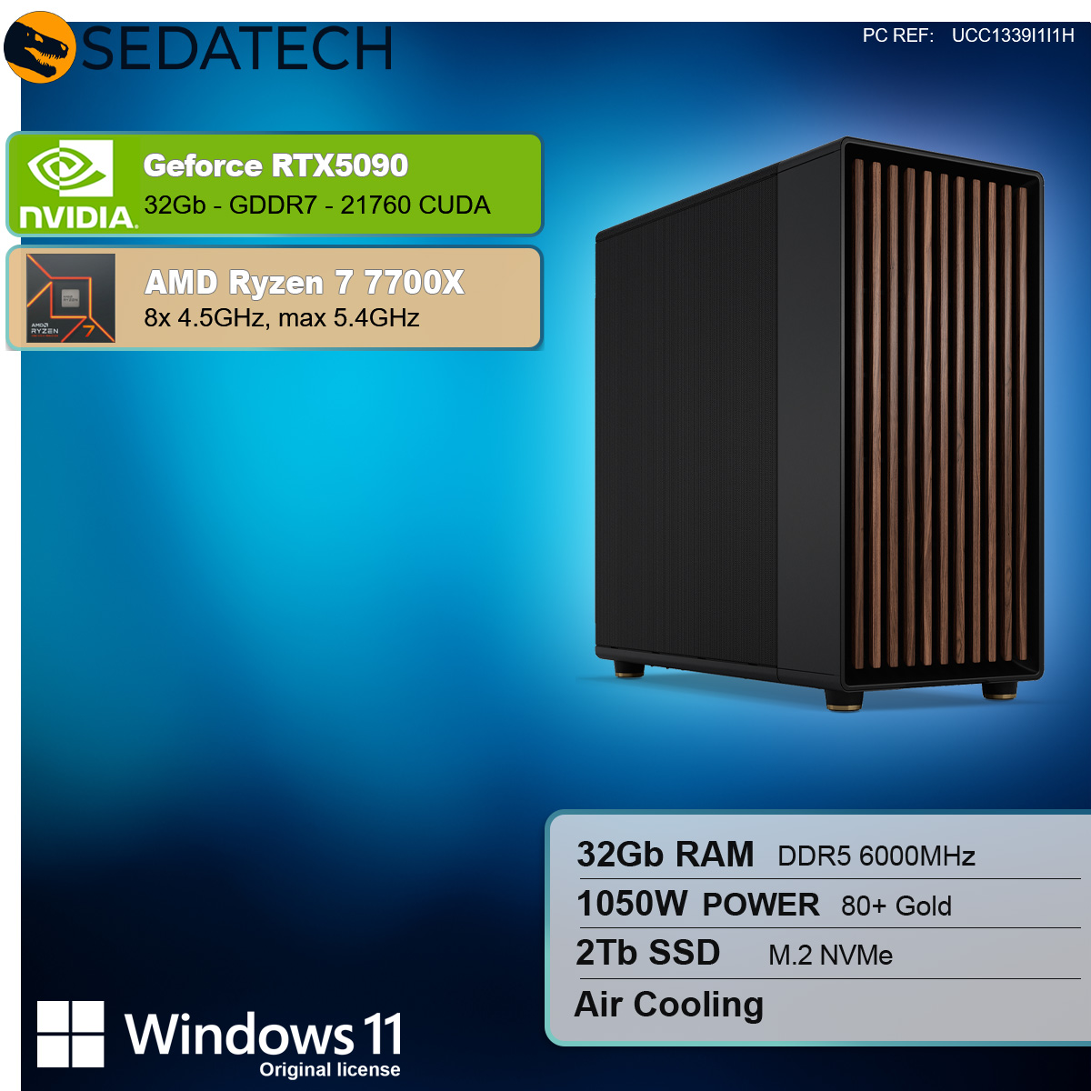 Komputer stacjonarny z czarnymi i brązowymi liniami pionowymi oraz specyfikacjami. Zawiera szczegółowe informacje o GPU, CPU, RAM, SSD i zasilaniu.