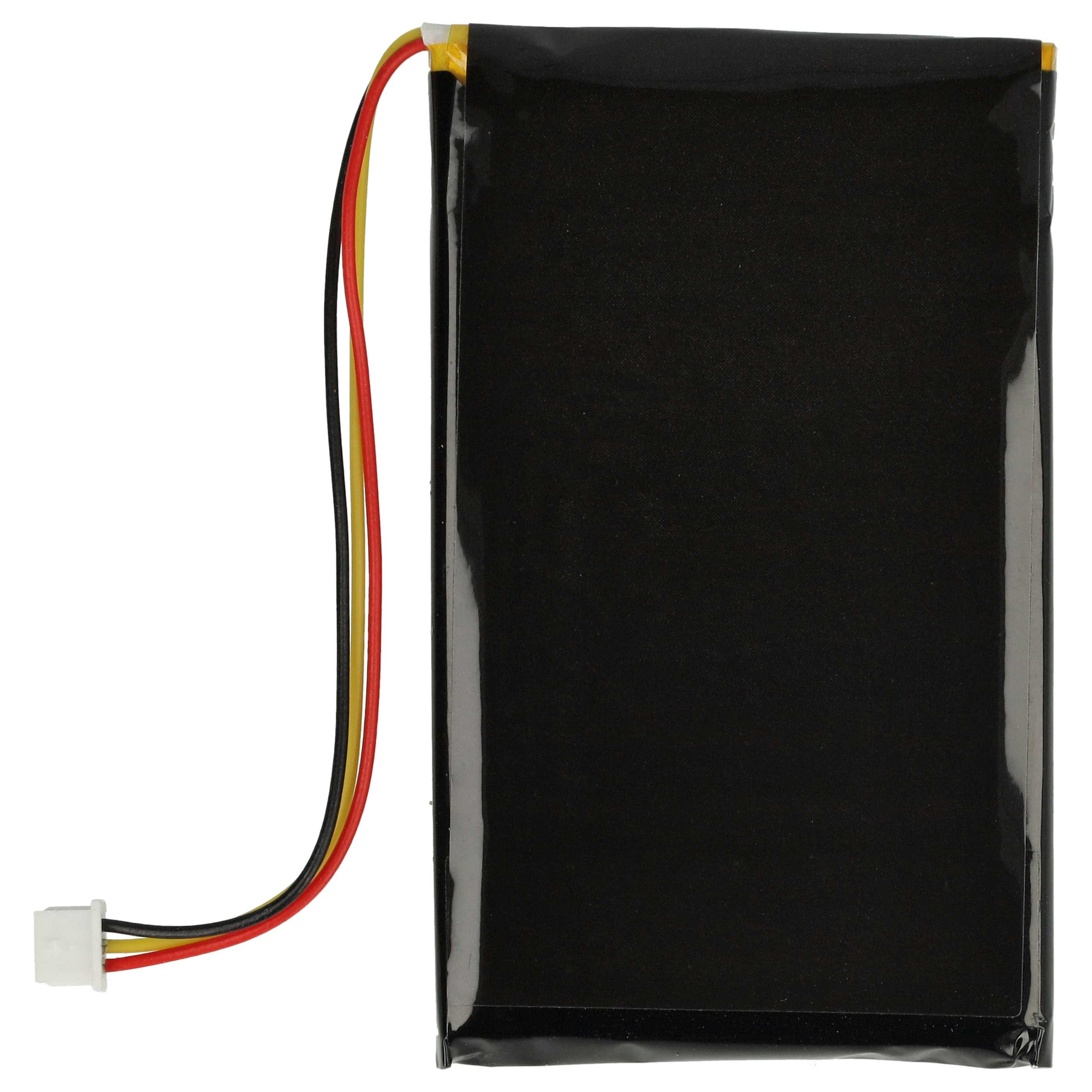 Schwarzer rechteckiger Akku mit farbigen Drähten und einem weißen Stecker.
