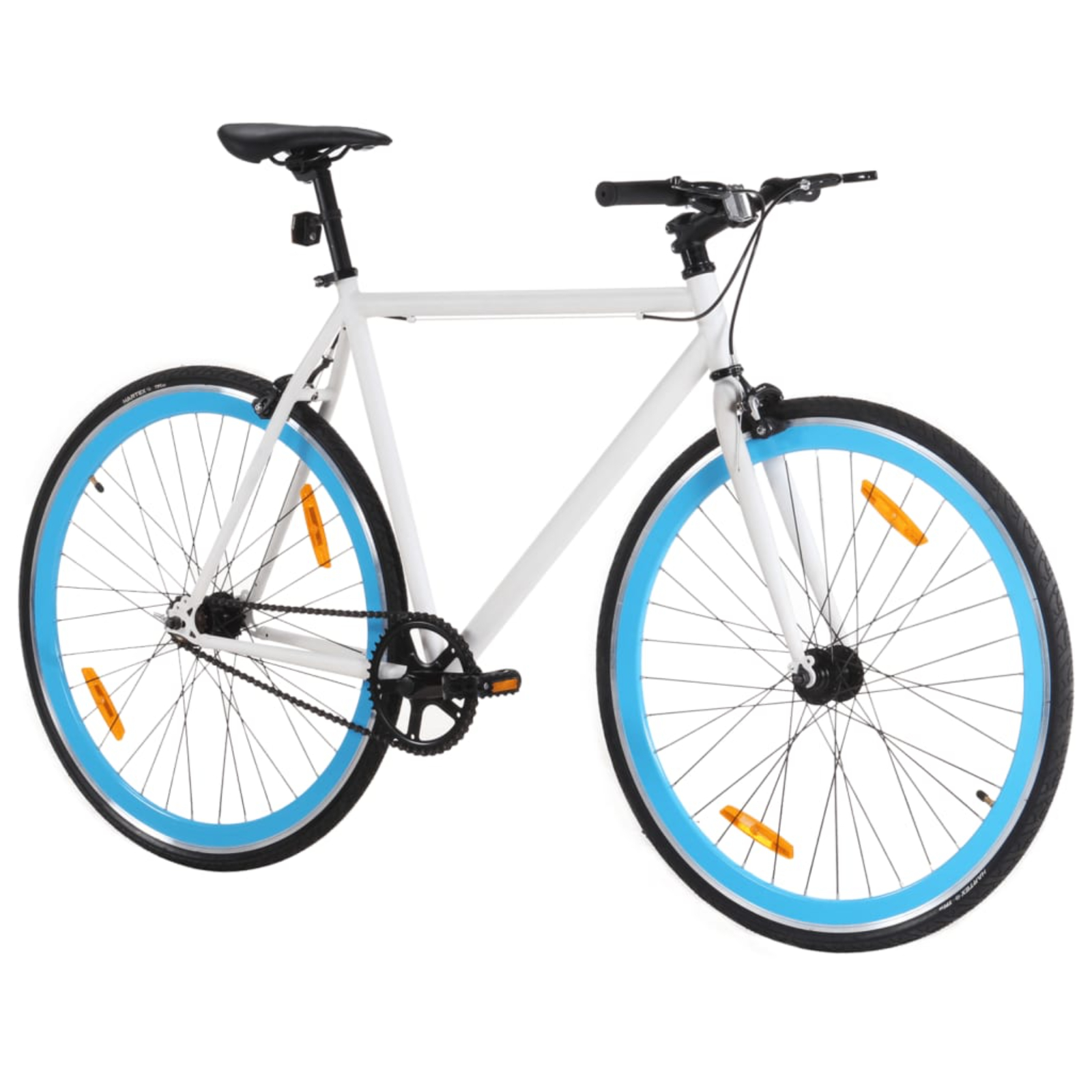 Ein weißes Fahrrad mit blauen Reifen und orangefarbenen Reflektoren. Der Hintergrund ist einfarbig weiß.