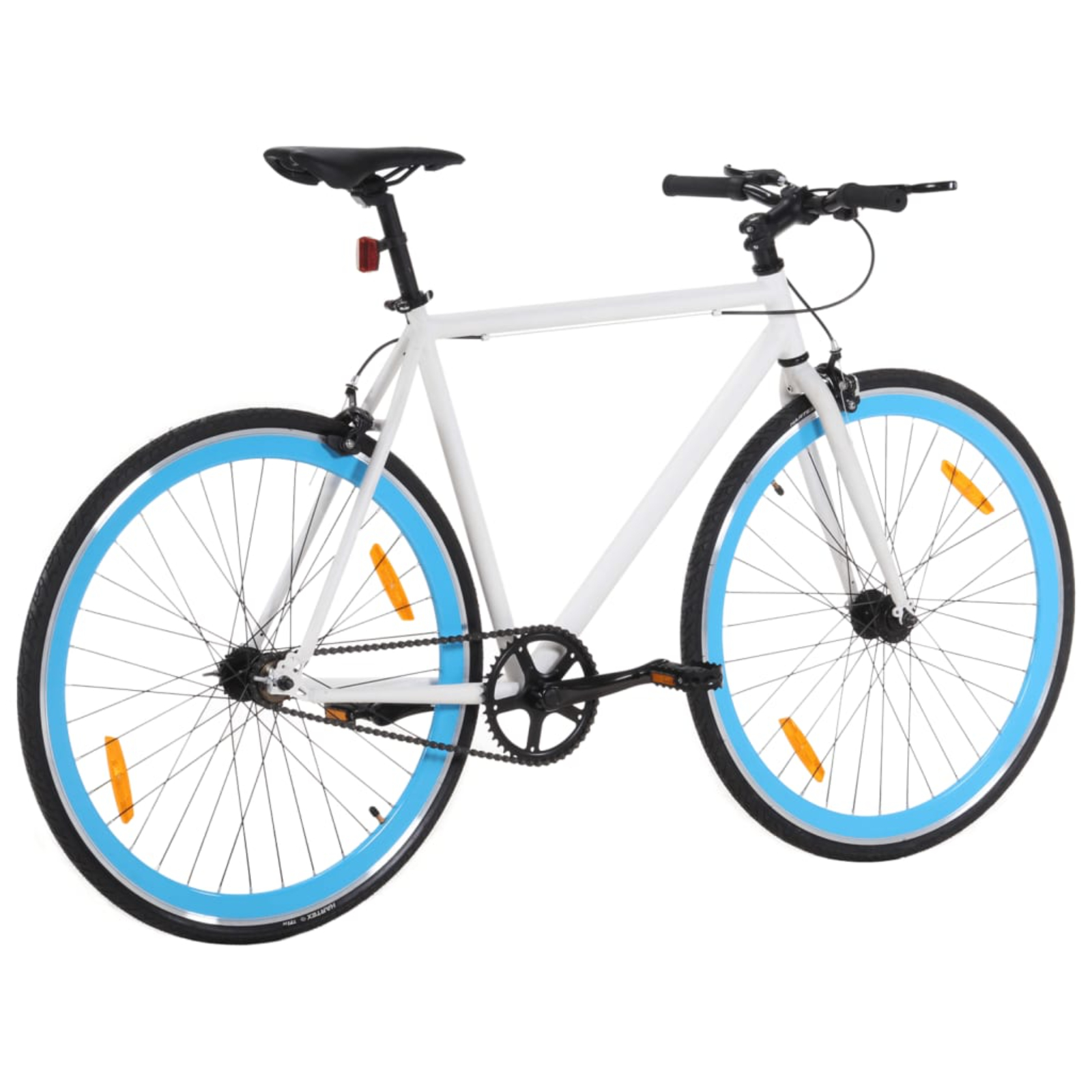 Weißes Fahrrad mit blauen Reifen, orangefarbenen Reflektoren. Weißer Hintergrund.