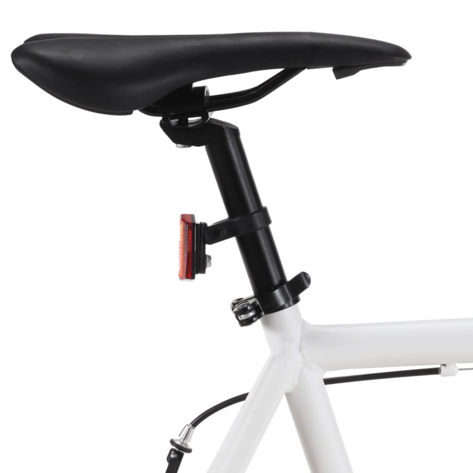 Ein Fahrradsattel mit einem schwarzen Sitz, einer schwarzen Sattelstütze und einem roten Reflektor.