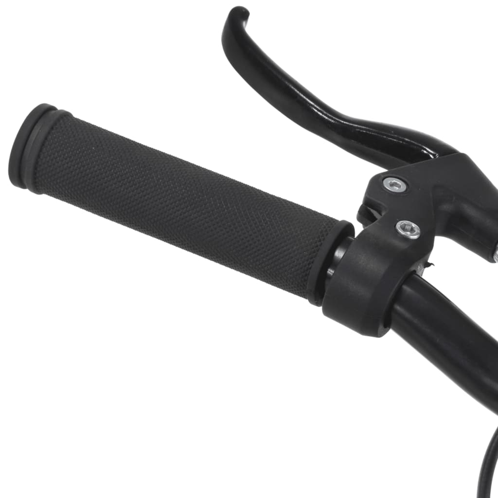 Nahaufnahme eines schwarzen Fahrradlenkers mit schwarzem Griff und Bremshebel.