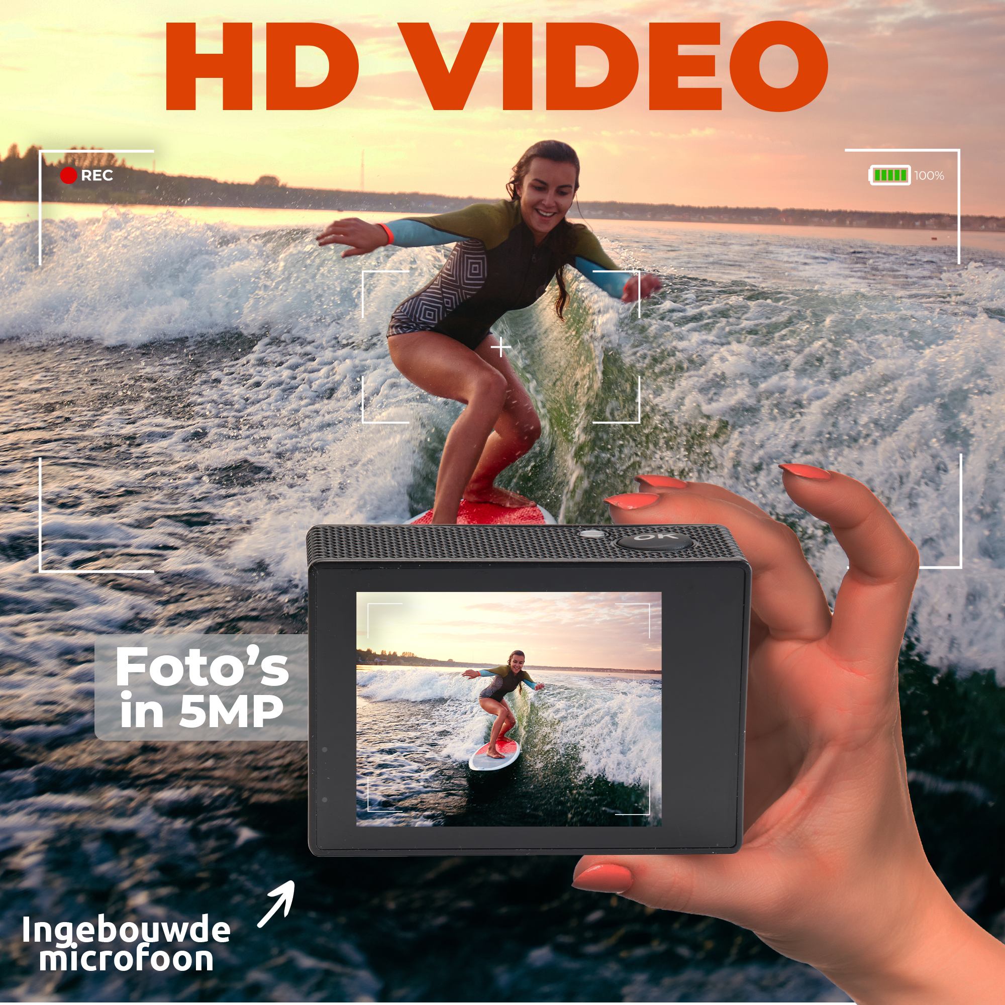Frau surft hinter einem Kamerabildschirm, der dasselbe Bild zeigt. Text: HD VIDEO, Fotos in 5MP, Mic.