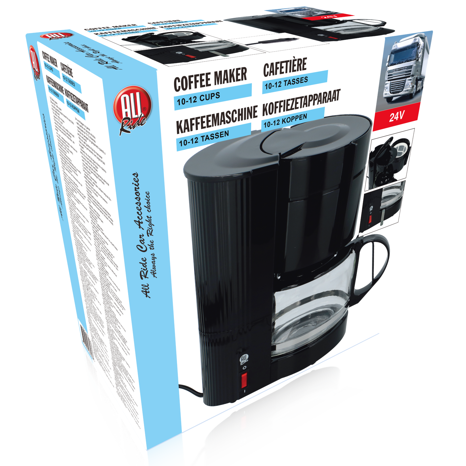 Koffiezetapparaat in een doos, met afbeeldingen van het product en een vrachtwagen.