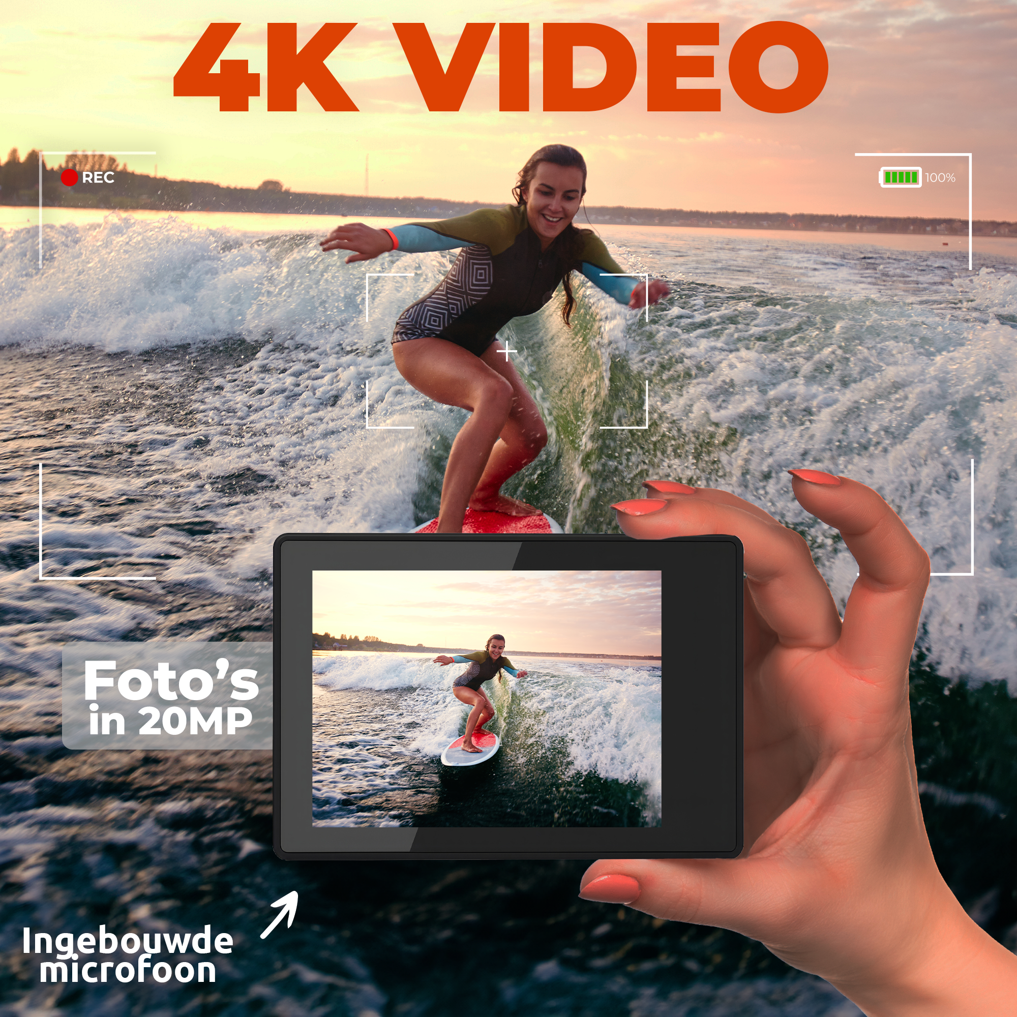 Osoba trzymająca kamerę, filmująca surfera na fali. Tekst: Wideo 4K, Zdjęcia w 20MP.