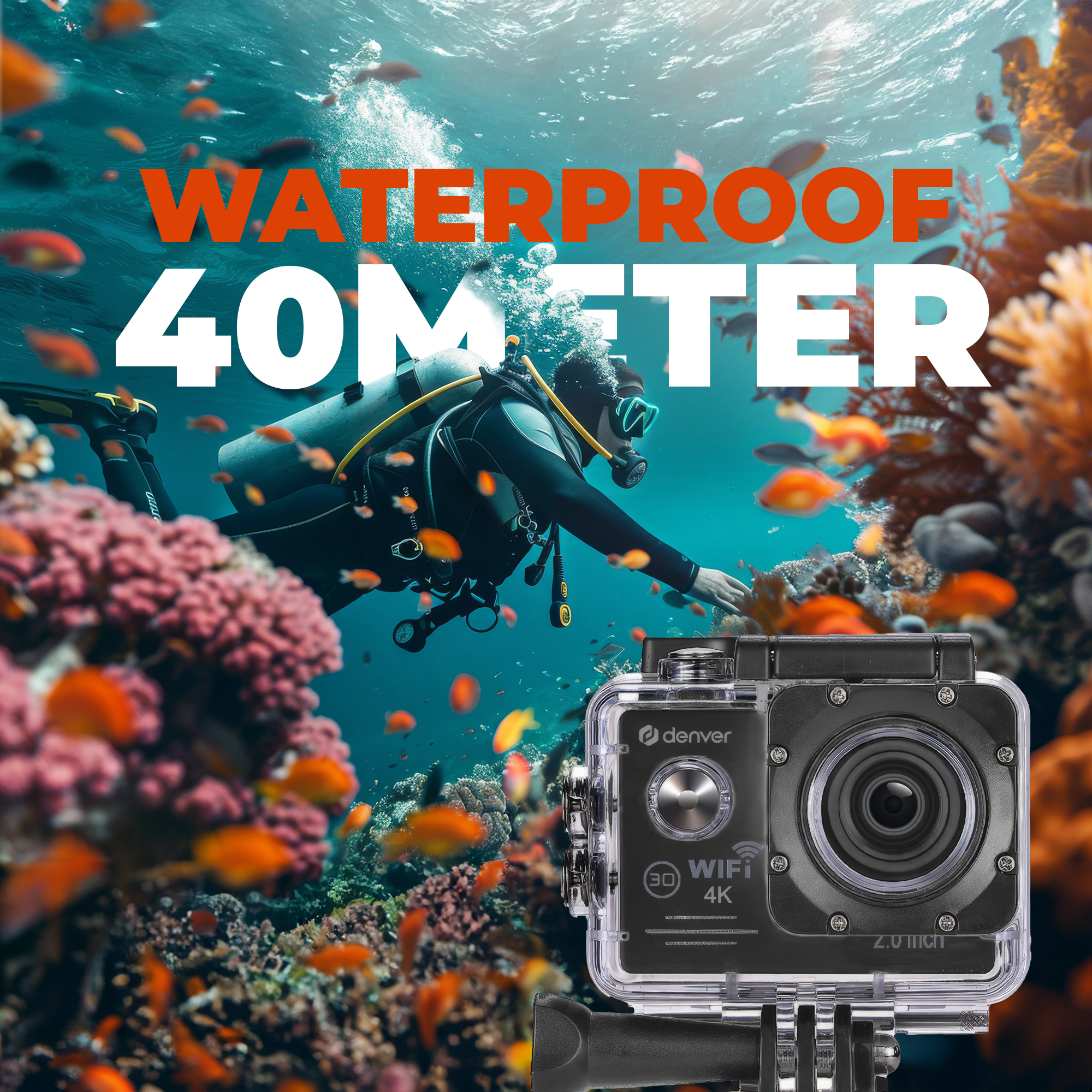 Nurek pod wodą. Tekst: Wodoodporny 40 metrów, z kamerą.
