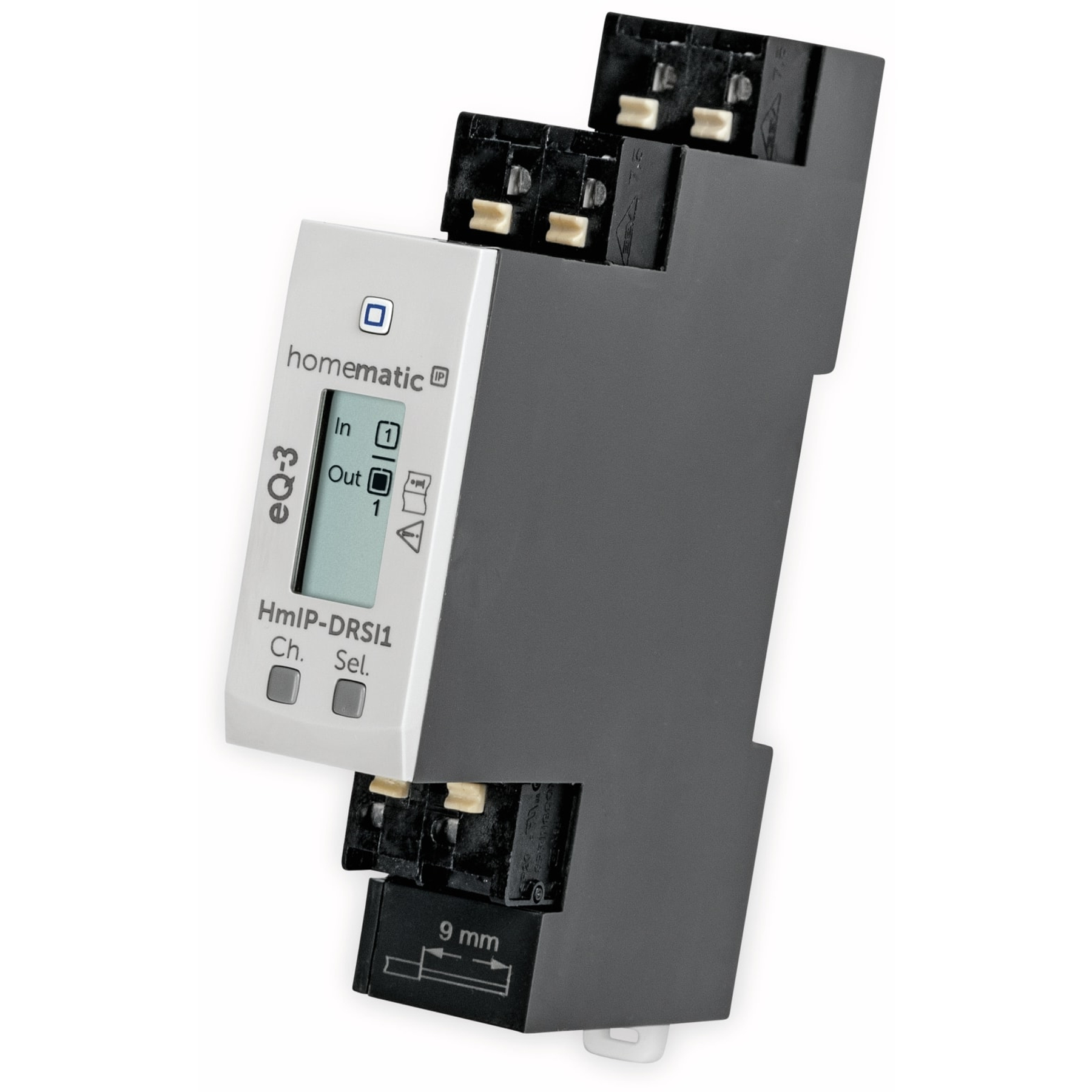 Biało-szare urządzenie elektryczne z ekranem i kilkoma zaciskami.