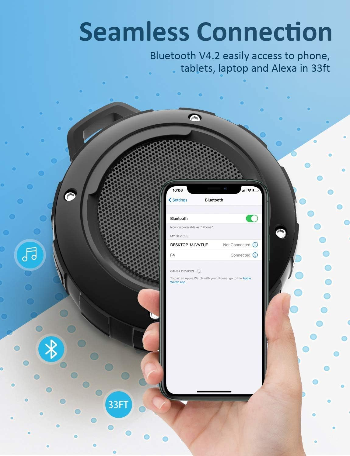 Schwarzer tragbarer Lautsprecher mit Telefon, das Bluetooth-Verbindung zeigt. Text: 'Seamless Connection'.