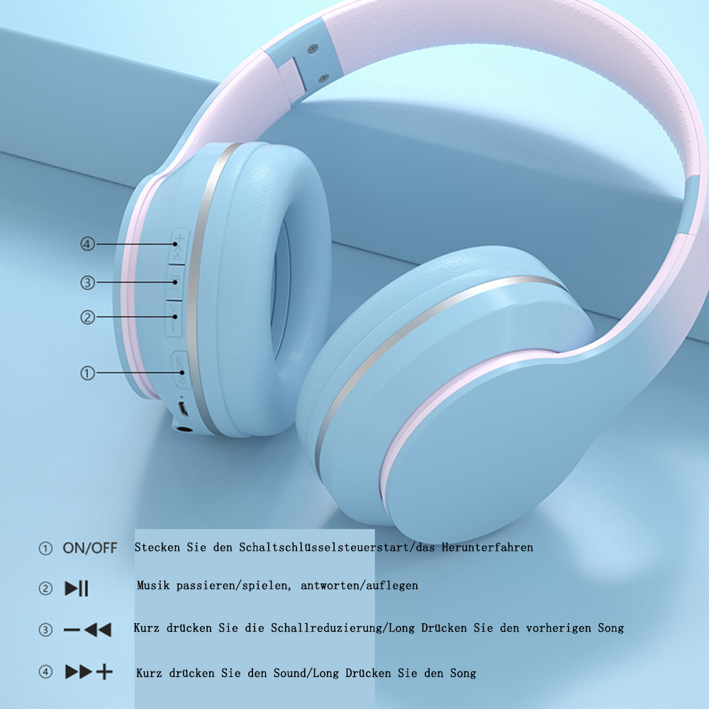 Nahaufnahme von blau-rosa Kopfhörern mit Tasten für Strom, Lautstärke und Titelsteuerung.