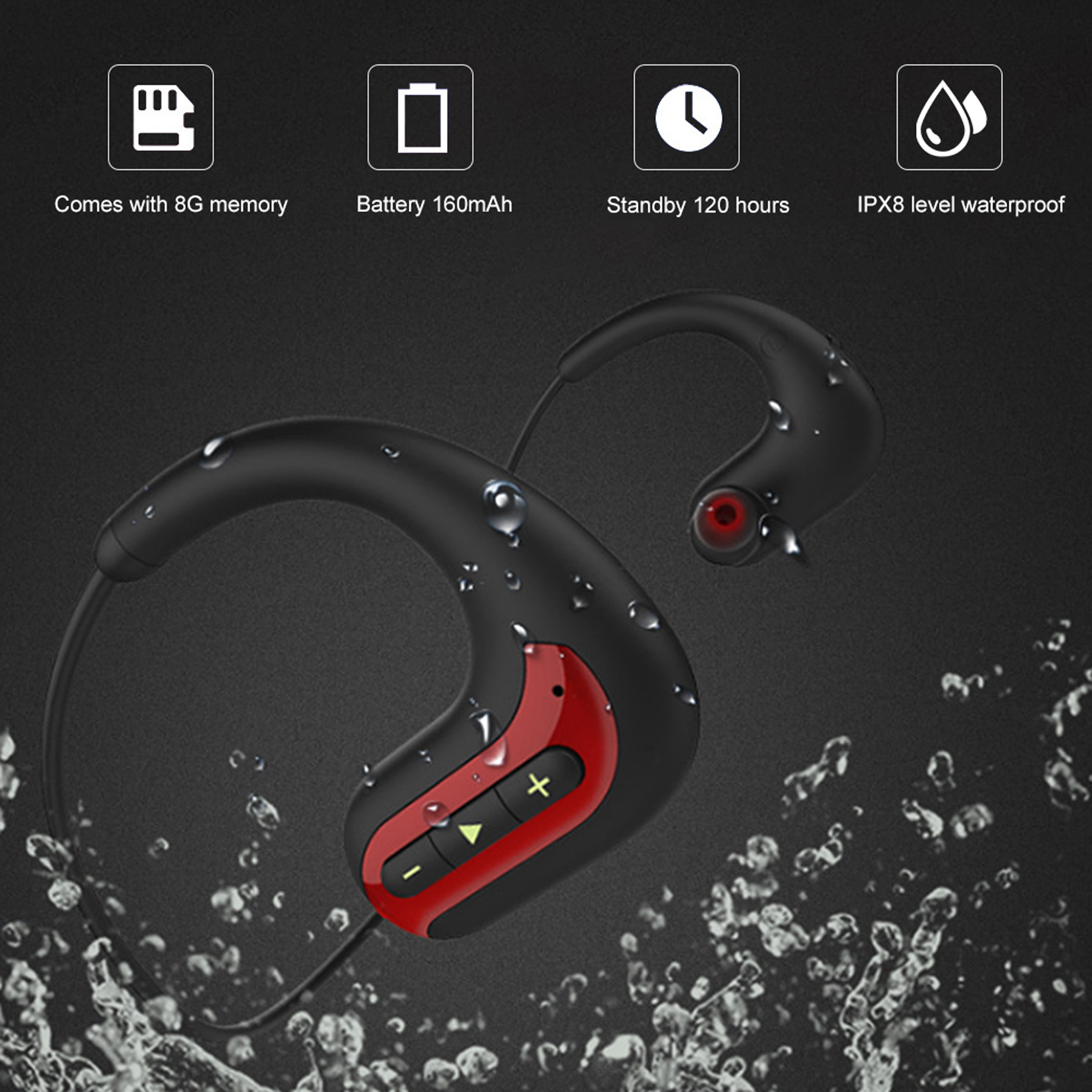 Schwarze und rote wasserdichte Sportkopfhörer mit Wassertropfen und Icons für Speicher, Akku und Wasserfestigkeit.