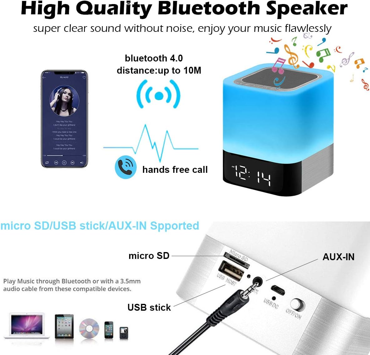 Ein blauer Bluetooth-Lautsprecher mit Telefon und Audiogeräten. Zeigt USB-, AUX-IN- und Micro-SD-Anschlüsse.