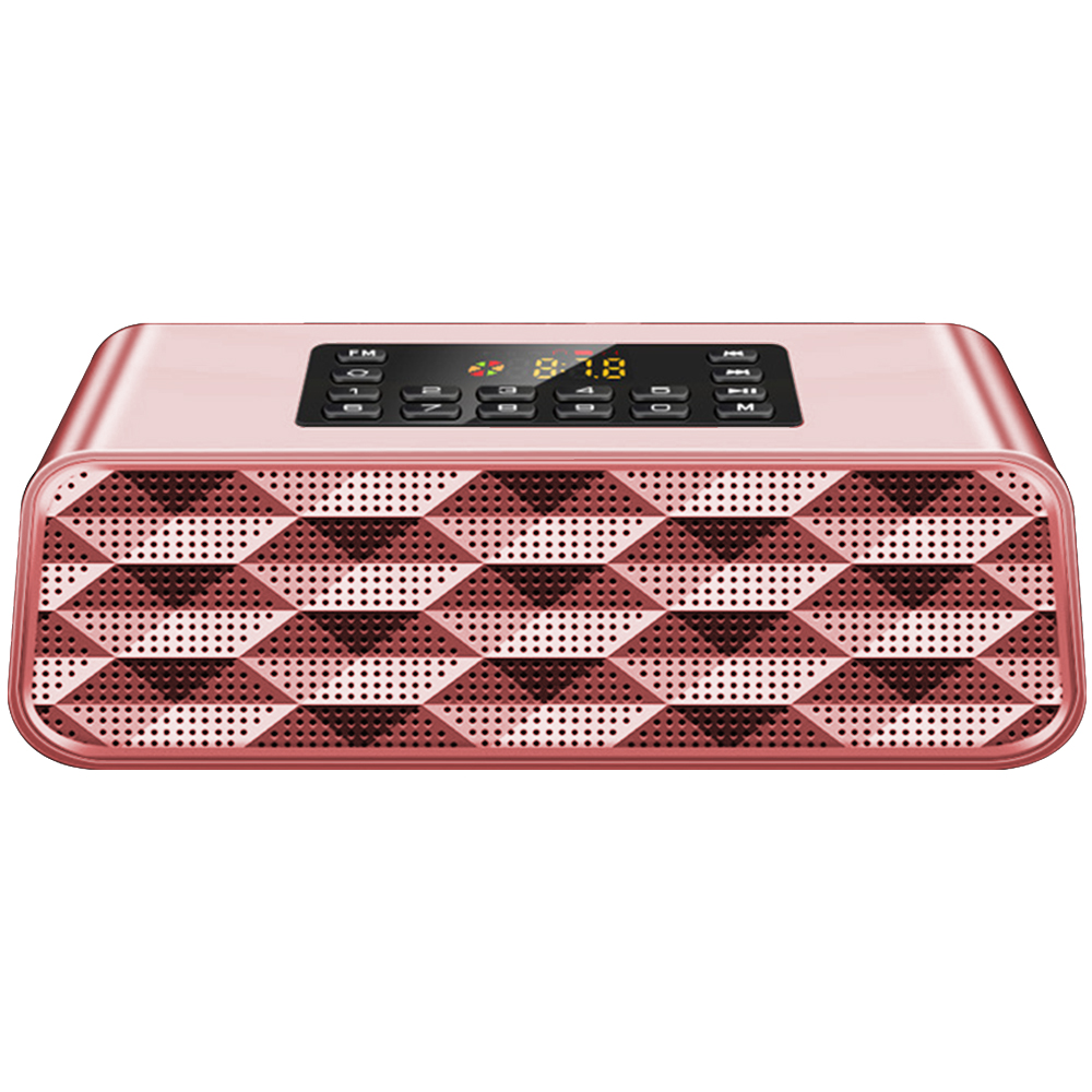 Roségoldener Lautsprecher mit Rautenmuster-Gitter, Knöpfen und Digitalanzeige.