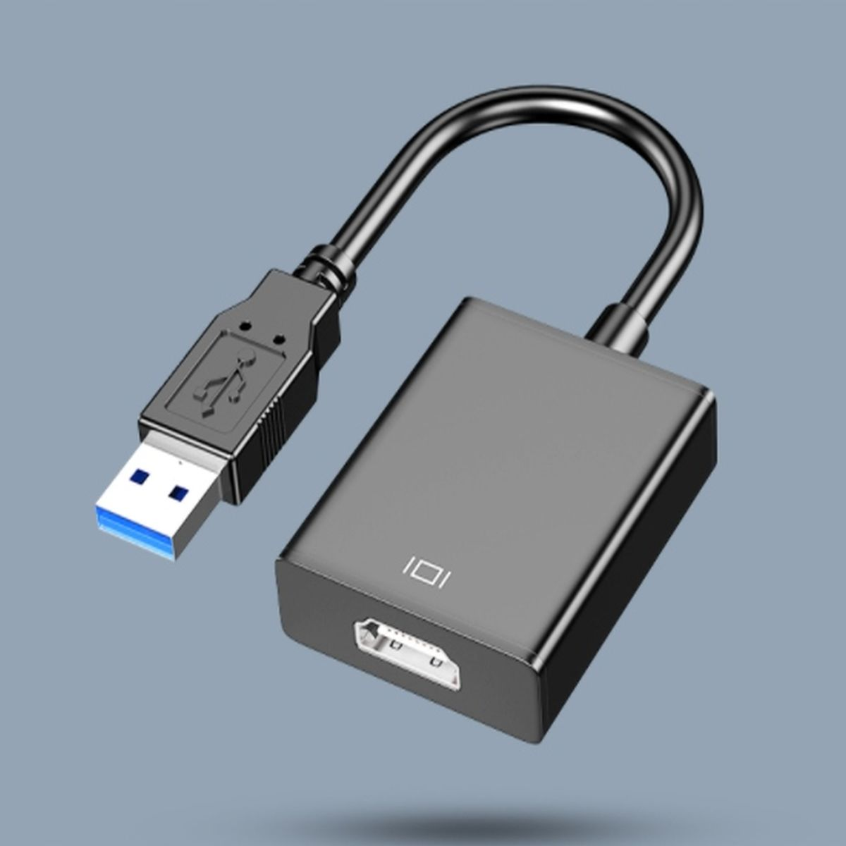 Czarny adapter USB na HDMI, ze złączem USB i portem HDMI.