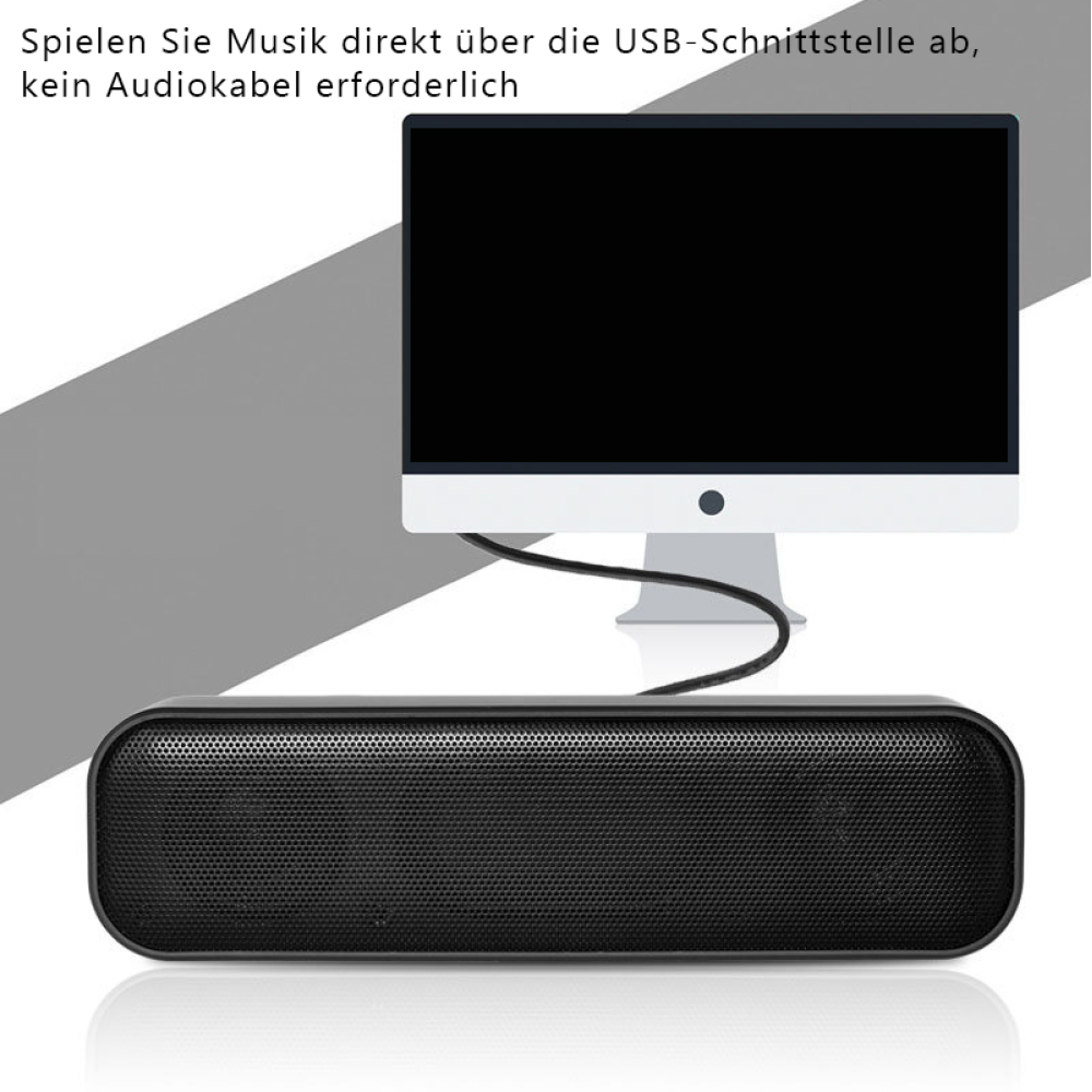 Schwarzer Lautsprecher unter einem Computermonitor. Text oben: Musik direkt über USB abspielen, kein Audiokabel erforderlich.