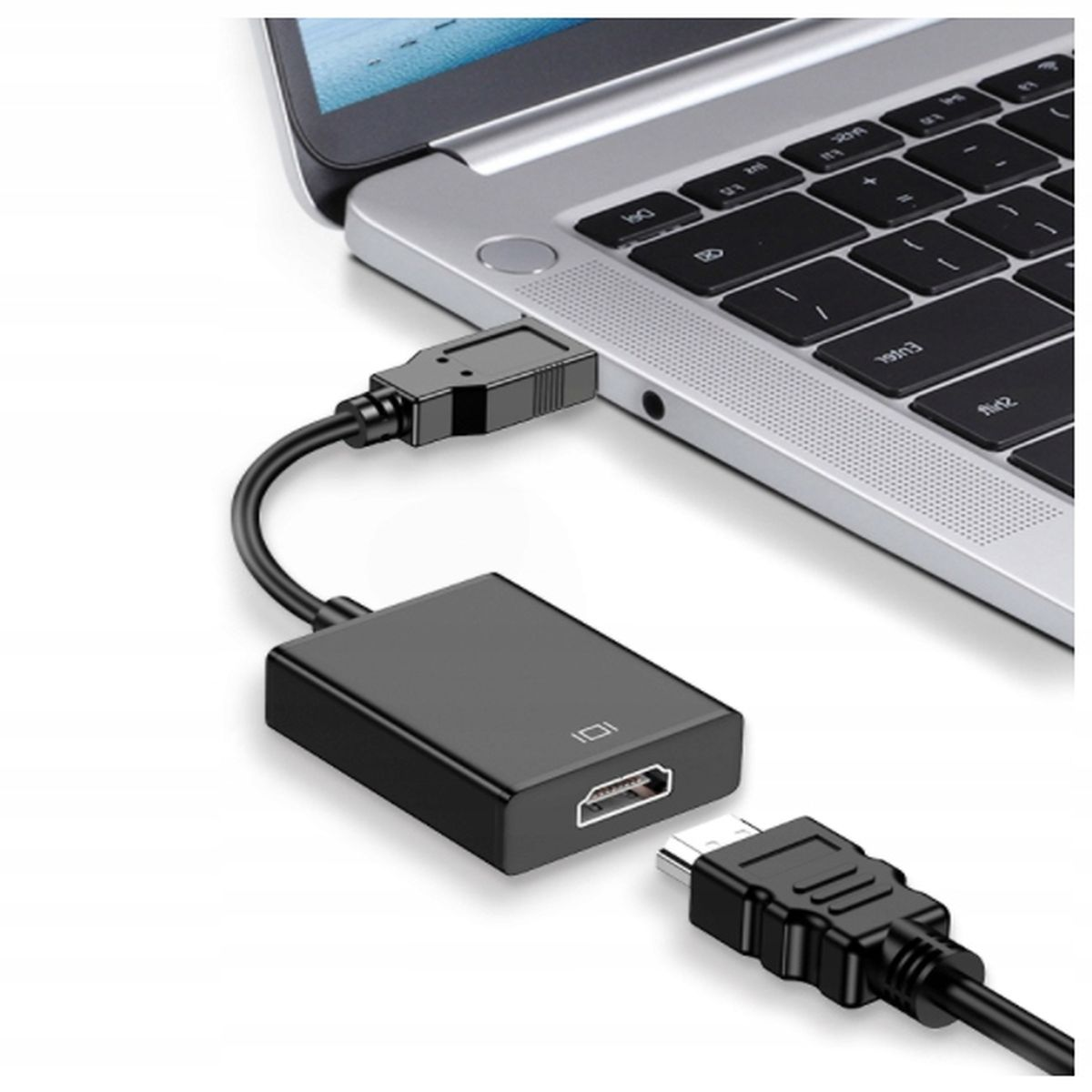 Czarny adapter HDMI na USB-C podłączony do laptopa i kabla HDMI.