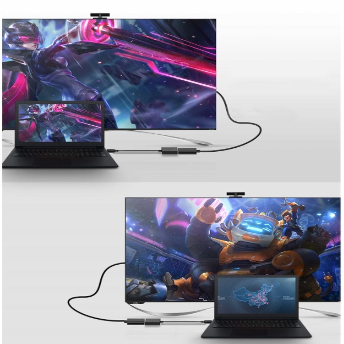 Dwa ekrany: laptop i telewizor połączone, wyświetlające scenę z gry.