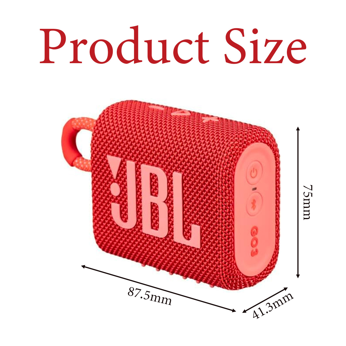 Roter JBL-Lautsprecher mit angegebenen Abmessungen und rotem Riemen.
