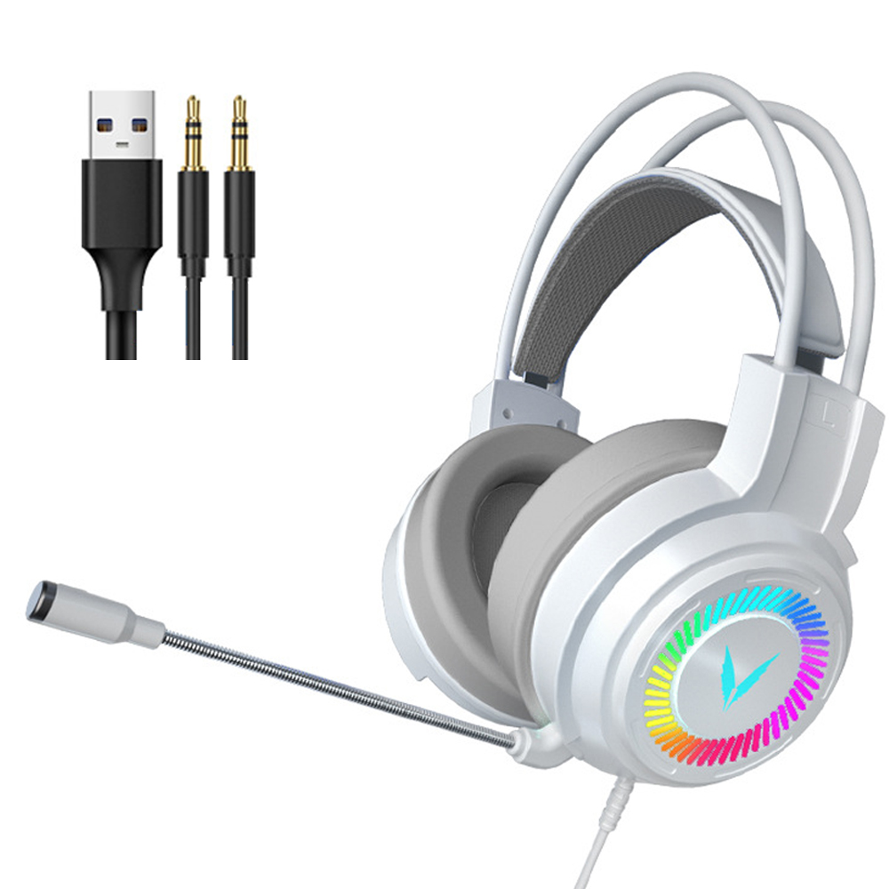 Weißes Gaming-Headset mit Mikrofon und USB- und Audio-Anschlüssen.