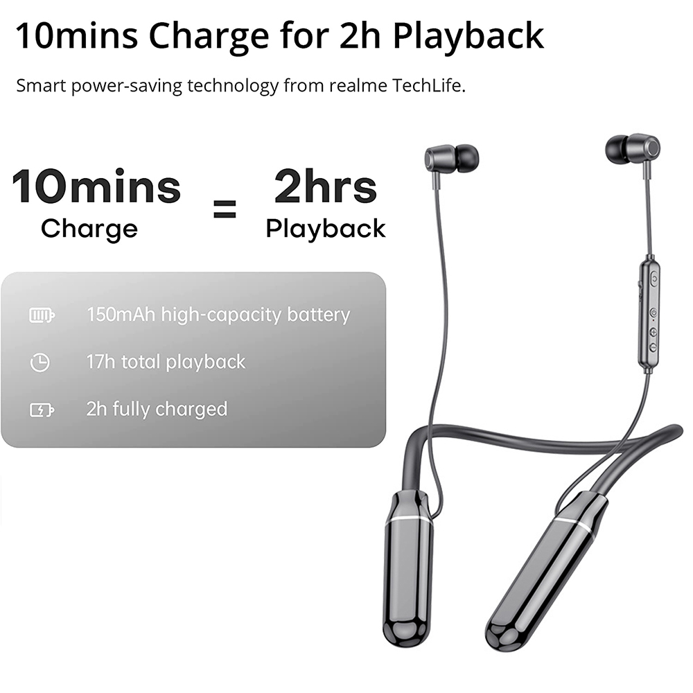 Kabellose Ohrhörer und Text: 10 Min. Aufladen für 2 Std. Wiedergabe. Info: 150mAh Akku, 17 Std. Wiedergabe, 2 Std. Aufladen.