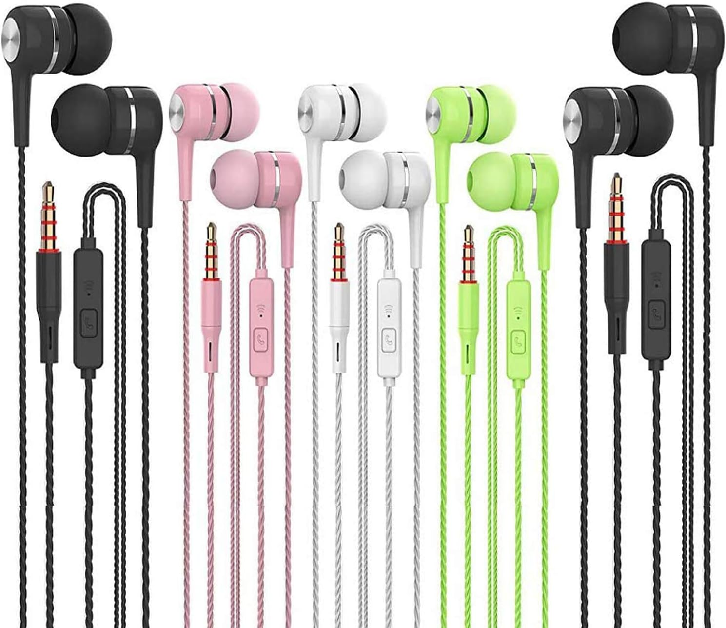 Mehrere Paare bunter Kopfhörer mit unterschiedlichen Kabel- und Steckerfarben.