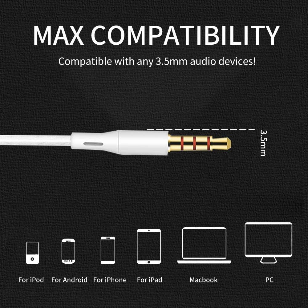 Weißes Audiokabel mit 3,5-mm-Anschluss und Symbolen für iPod, Android, iPhone, iPad, Macbook, PC.