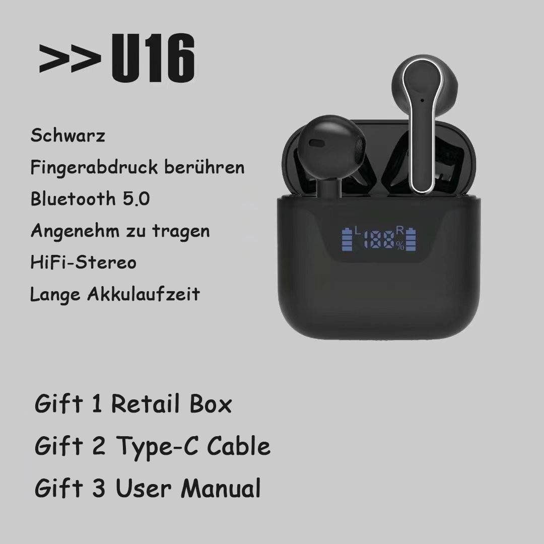 Schwarze Ohrhörer mit Ladecase. Text enthält Funktionen und Geschenke.