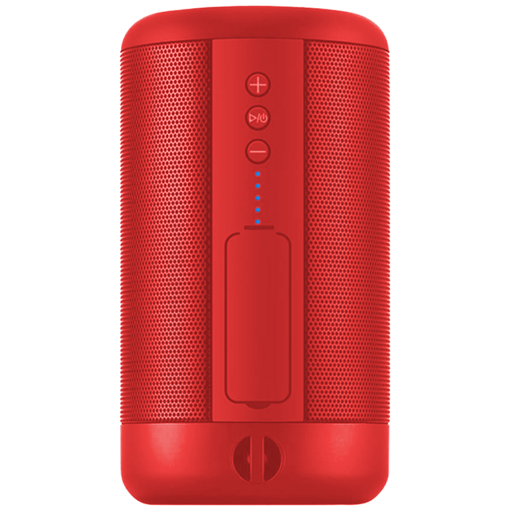 Roter zylindrischer Bluetooth-Lautsprecher mit Knöpfen.