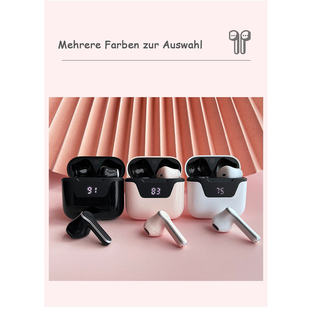 Drei Paar weiße, schwarze und rosa Ohrhörer in ihren Ladeetuis.