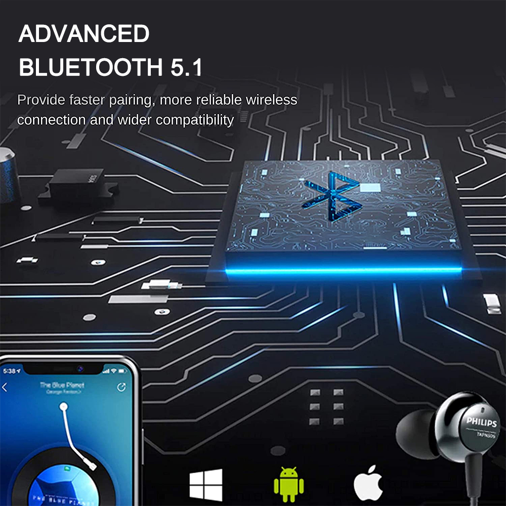 Ohrhörer mit einem Telefon, das eine App-Oberfläche zeigt. Text: 'Advanced Bluetooth 5.1'.
