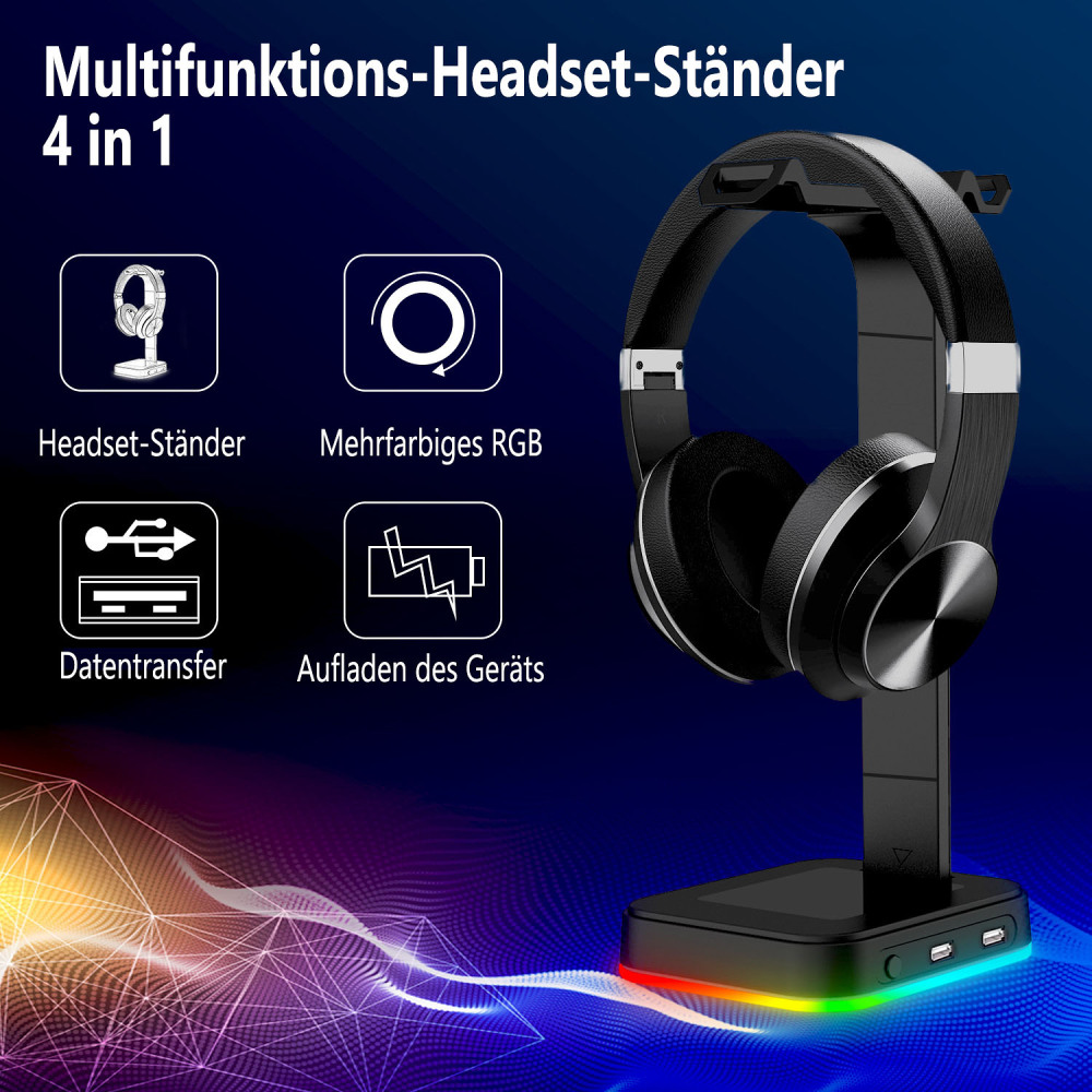 Ein Headset-Ständer mit mehreren Funktionen, einschließlich Headset-Halter und Laden.