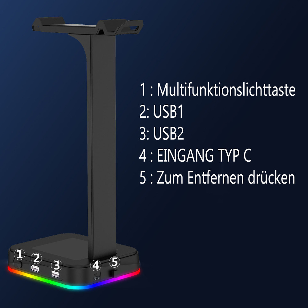Schwarzer Kopfhörerständer mit nummerierten USB-Anschlüssen und Lichtern, Text auf Deutsch: Funktionen.