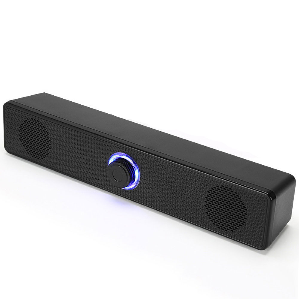 Schwarzer Soundbar-Lautsprecher mit blauem Licht in der Mitte. Zwei Lautsprechergitter.