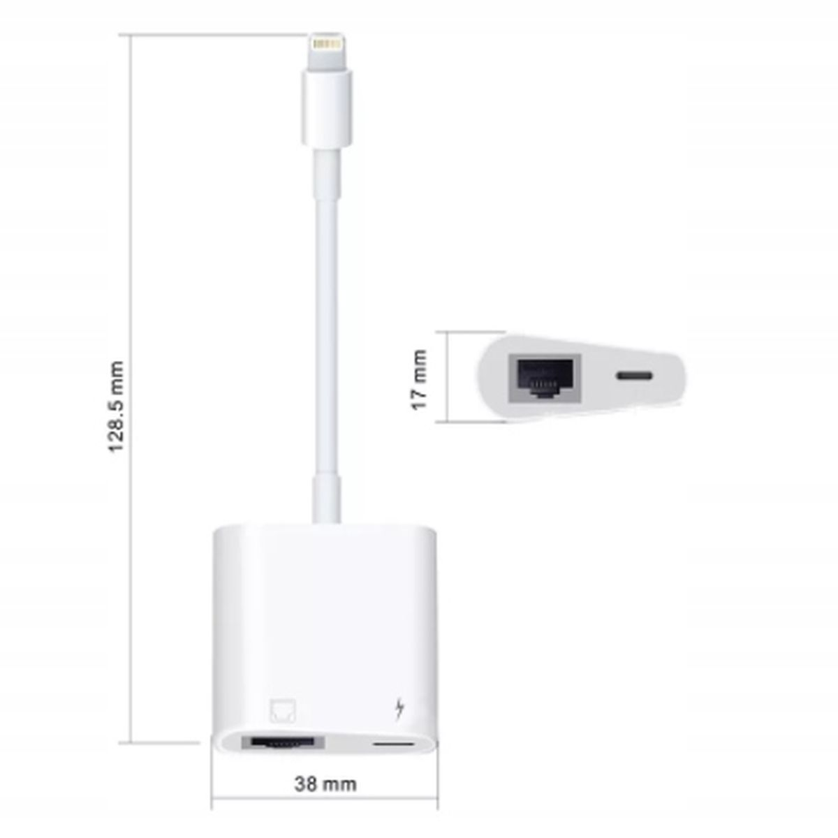 Biały adapter z złączem Lightning, portem USB i widokiem z boku z wymiarami.
