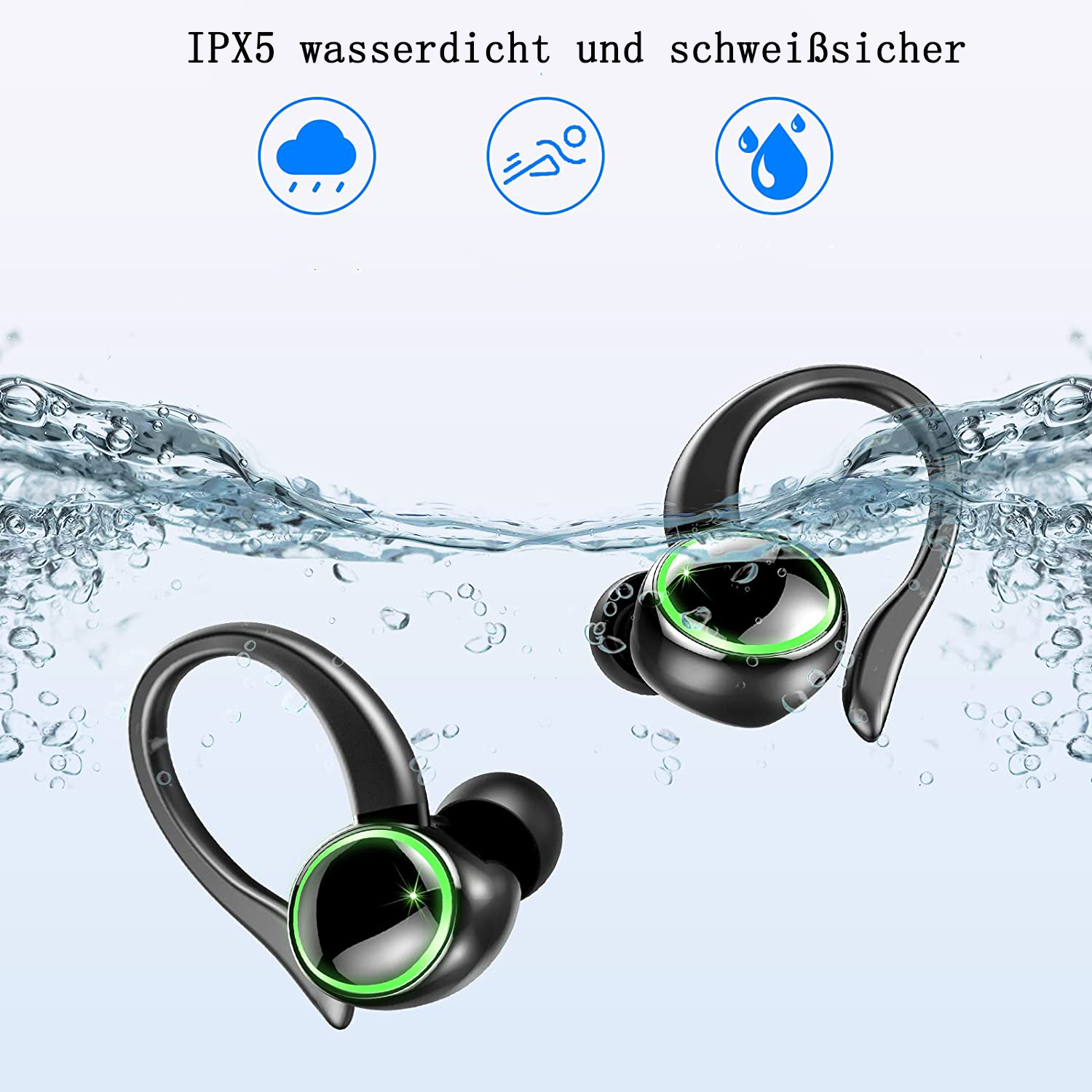 Schwarze kabellose Ohrhörer im Wasser, mit grünen Akzenten und Wasser- und Wolkensymbolen.