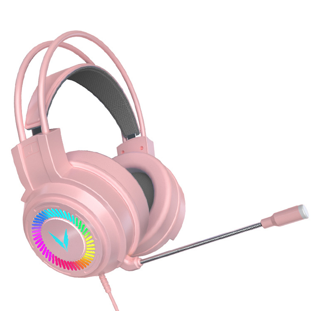 Rosa Gaming-Headset mit Mikrofon. Es hat farbenfrohe Lichter auf der Ohrmuschel.