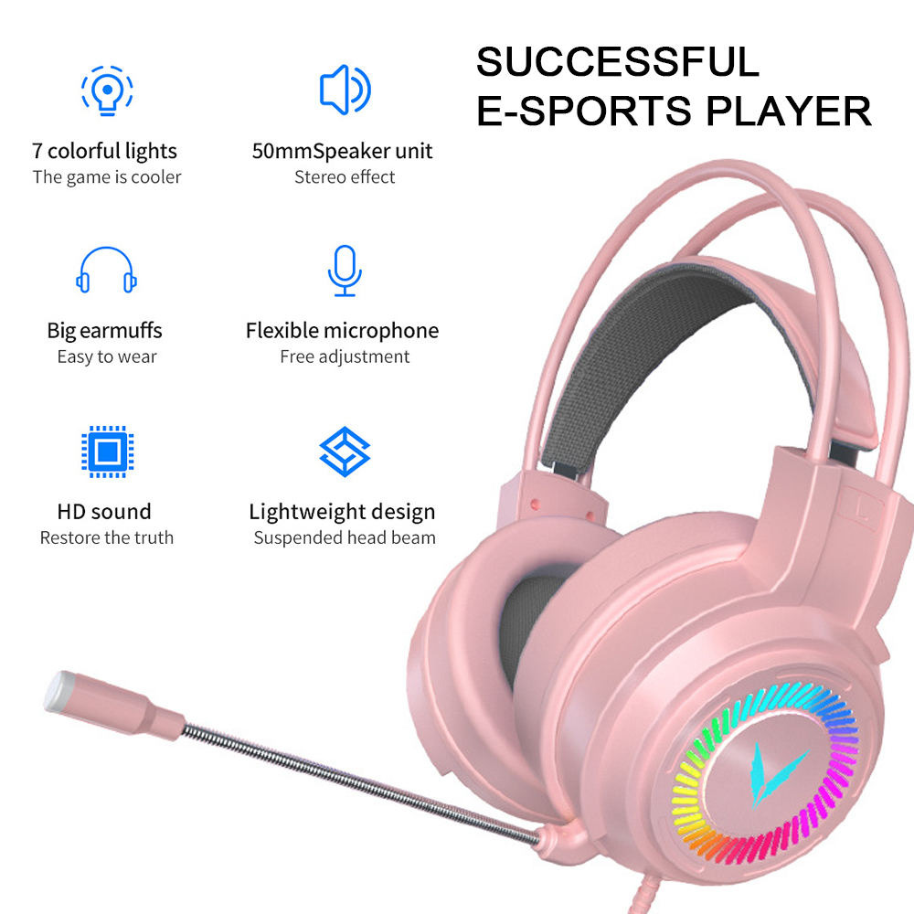 Rosa Gaming-Headset mit bunten Lichtern. Merkmale sind Mikrofon, Ohrmuscheln und ein leichtes Design.