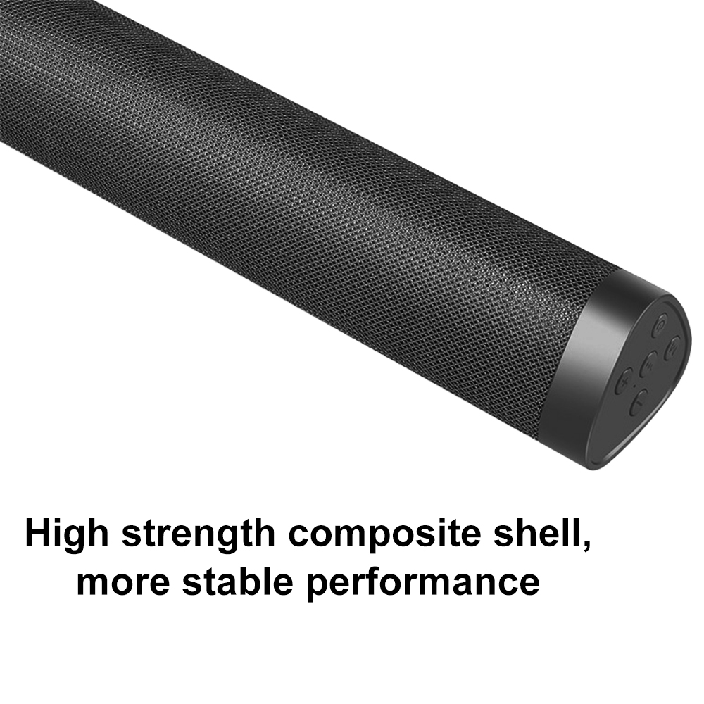 Eine schwarze Soundbar mit einem Mesh-Gitter und einem Text, der besagt: „Hochfeste Verbundschale“.