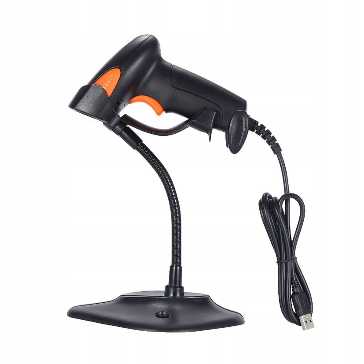 Czarny i pomarańczowy skaner kodów kreskowych ze stojakiem i kablem USB.