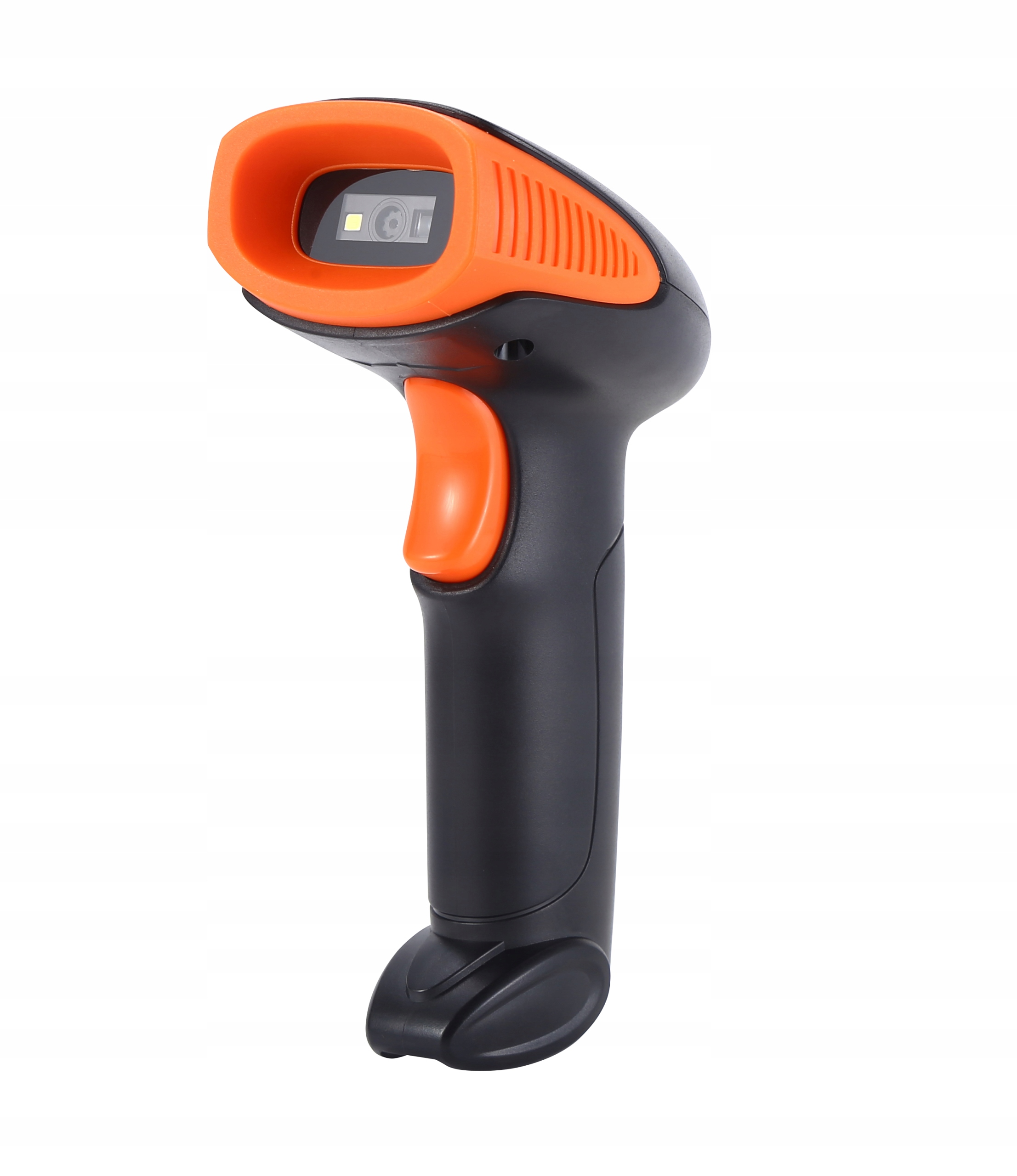 Czarno-pomarańczowy skaner kodów kreskowych, ze spustem i oknem skanowania.