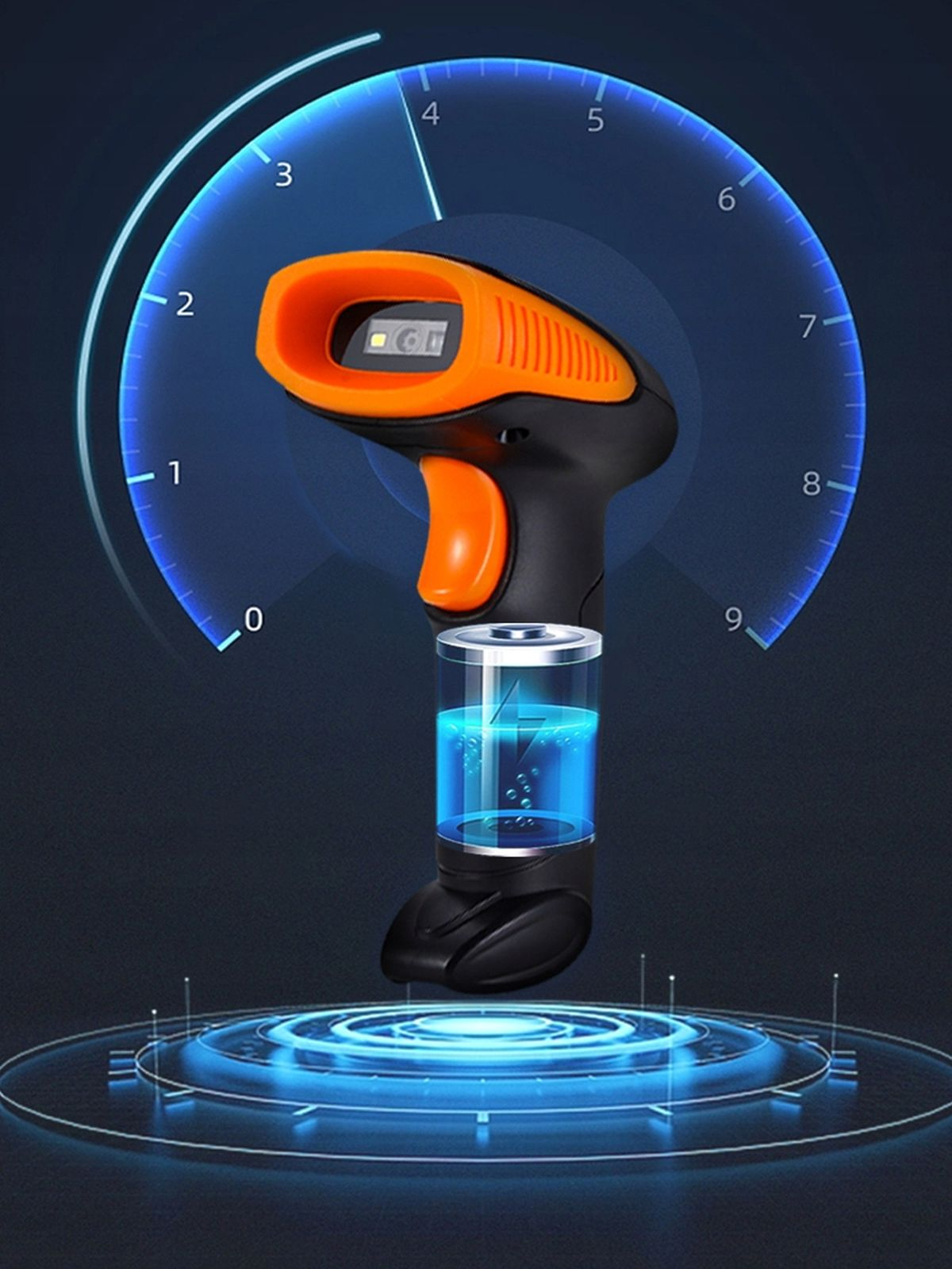 Czarno-pomarańczowy skaner kodów kreskowych na niebieskim tle, z okrągłym miernikiem.