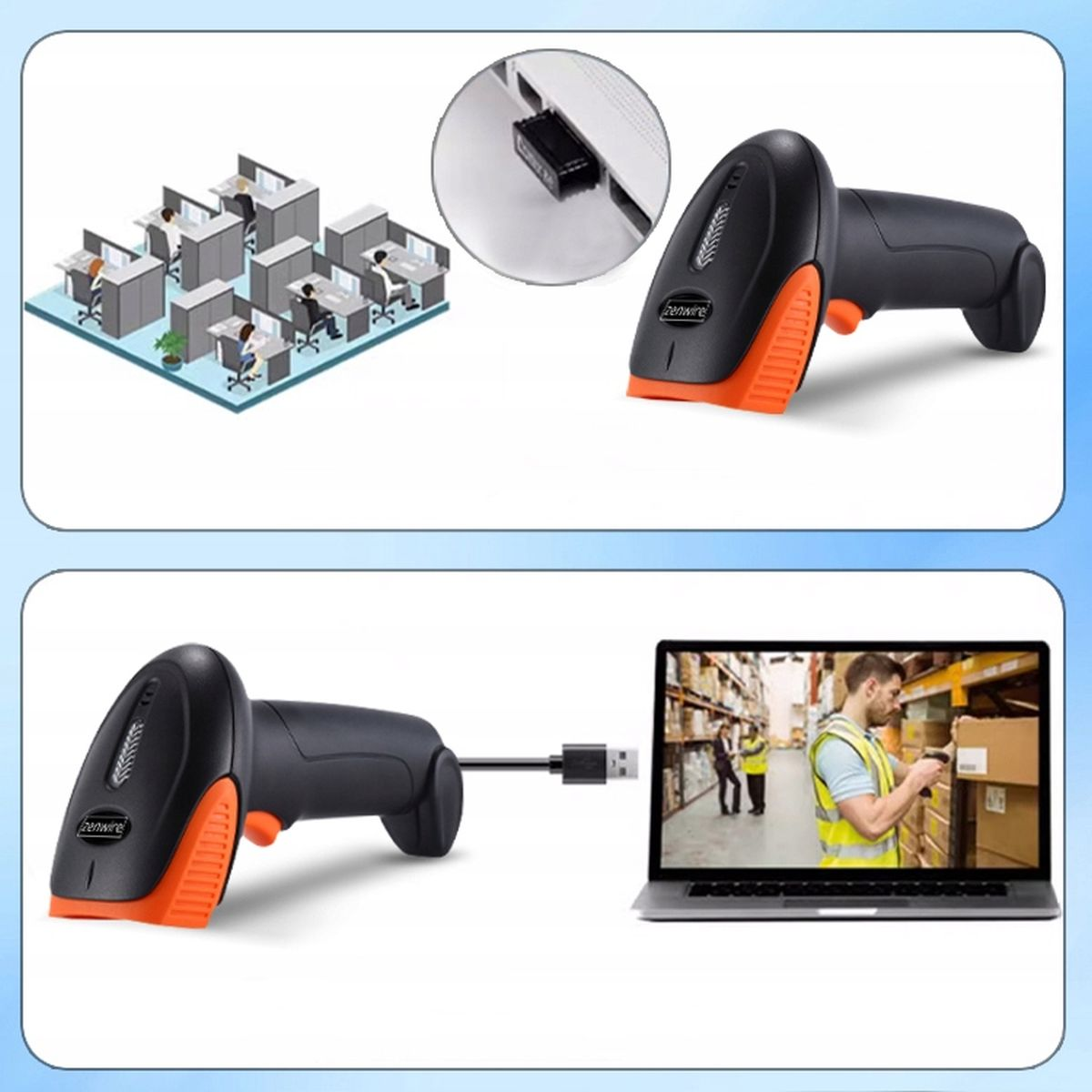 Skaner kodów kreskowych z czarno-pomarańczowymi akcentami, w biurze i w pracy.
